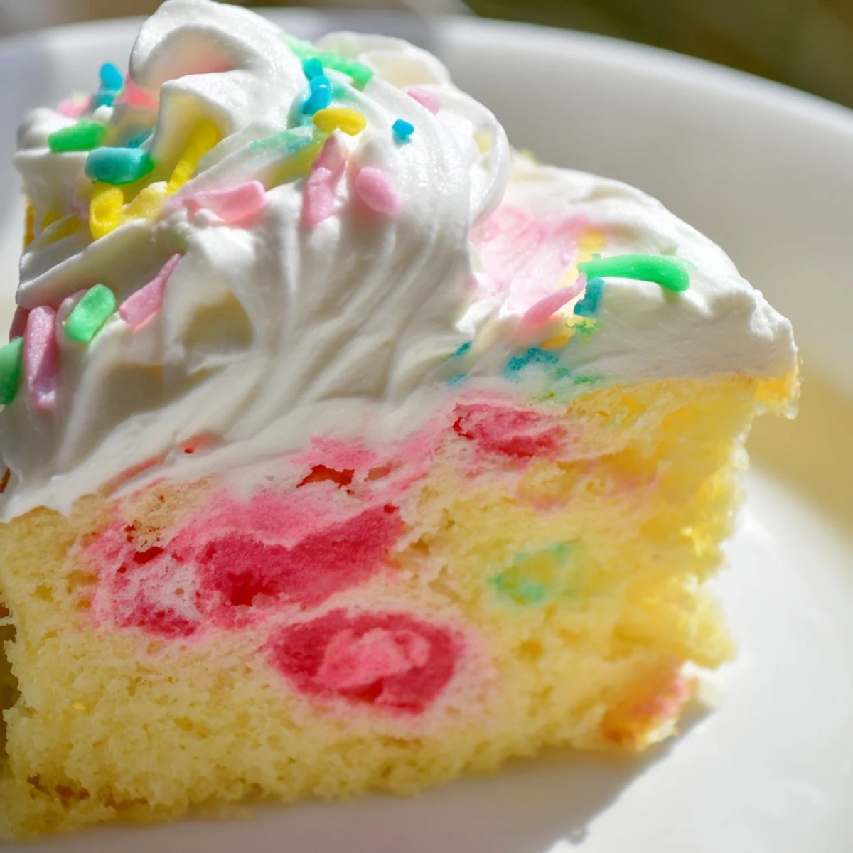 Festive Easter poke cake displaying marbled strawberry and lemon gelatin beneath a sweet cream layer