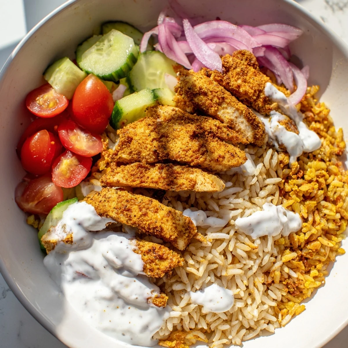 Vibrant chicken shawarma crispy rice salad bowl topped with tangy yogurt and red onions