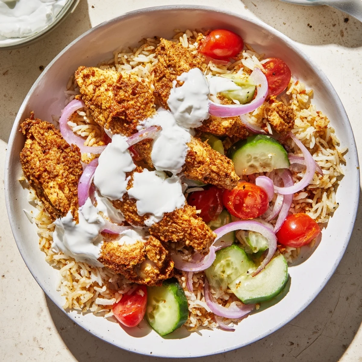 Golden spiced chicken shawarma served over crispy rice salad with fresh cucumbers and tomatoes