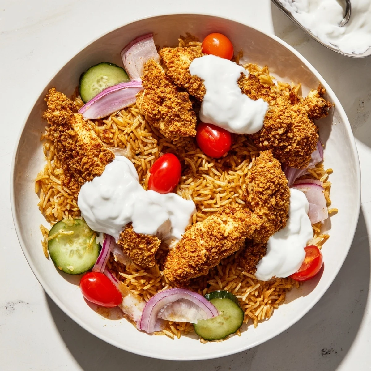 Middle Eastern-inspired crispy rice salad featuring spiced chicken shawarma and colorful vegetables