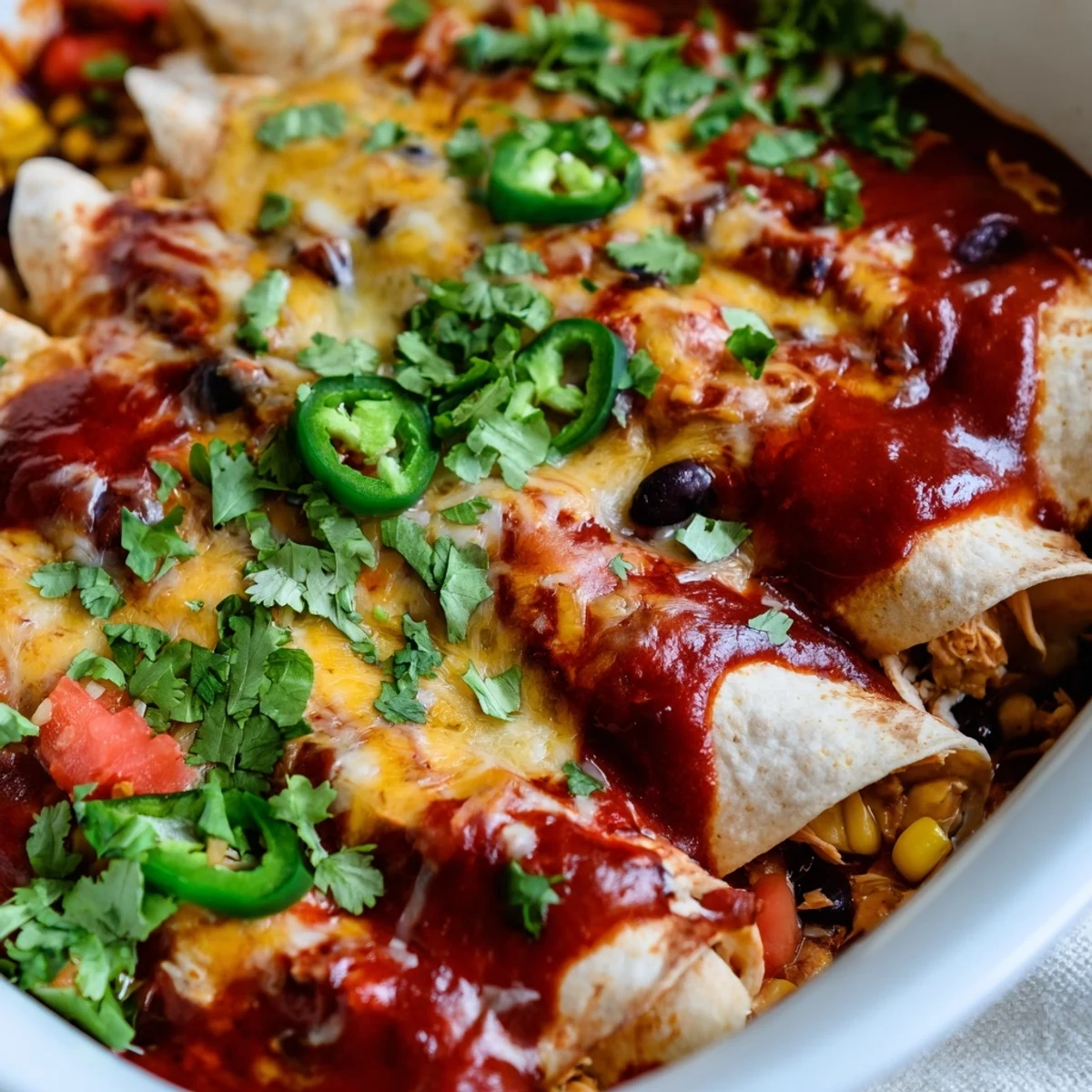 Fresh chicken enchiladas topped with melted cheese, cilantro, and jalapeño slices