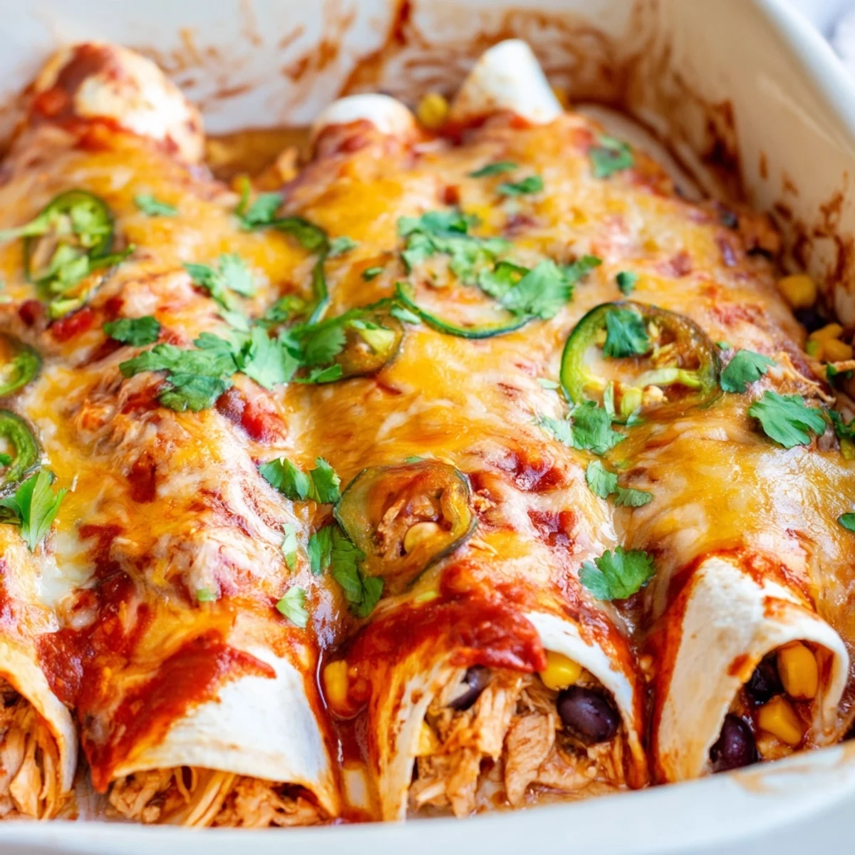 Golden chicken enchiladas bubbling with melted cheese and zesty red sauce