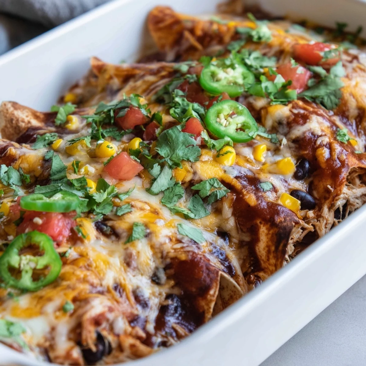 Rolled chicken enchiladas smothered in enchilada sauce with shredded cheese topping