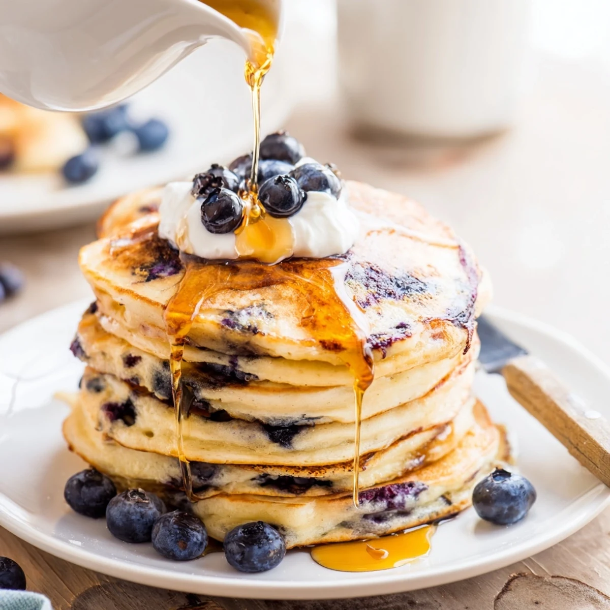 Golden brown Greek yogurt blueberry pancakes cooking on a griddle with bubbling batter edges