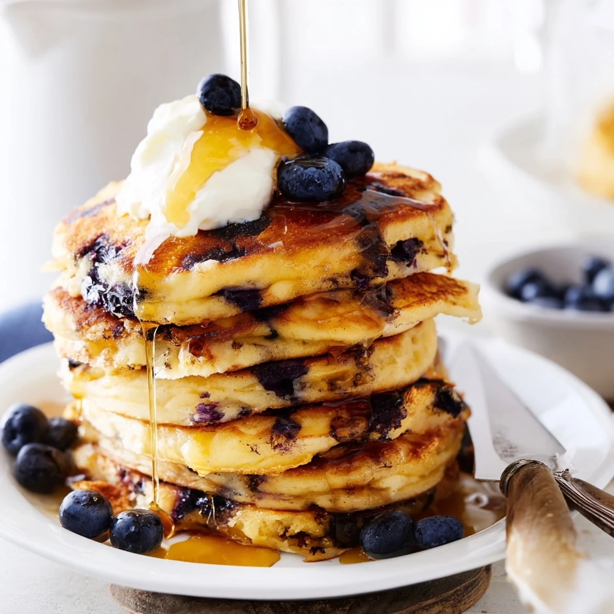 Plate of warm Greek yogurt blueberry pancakes topped with extra fresh fruit and butter