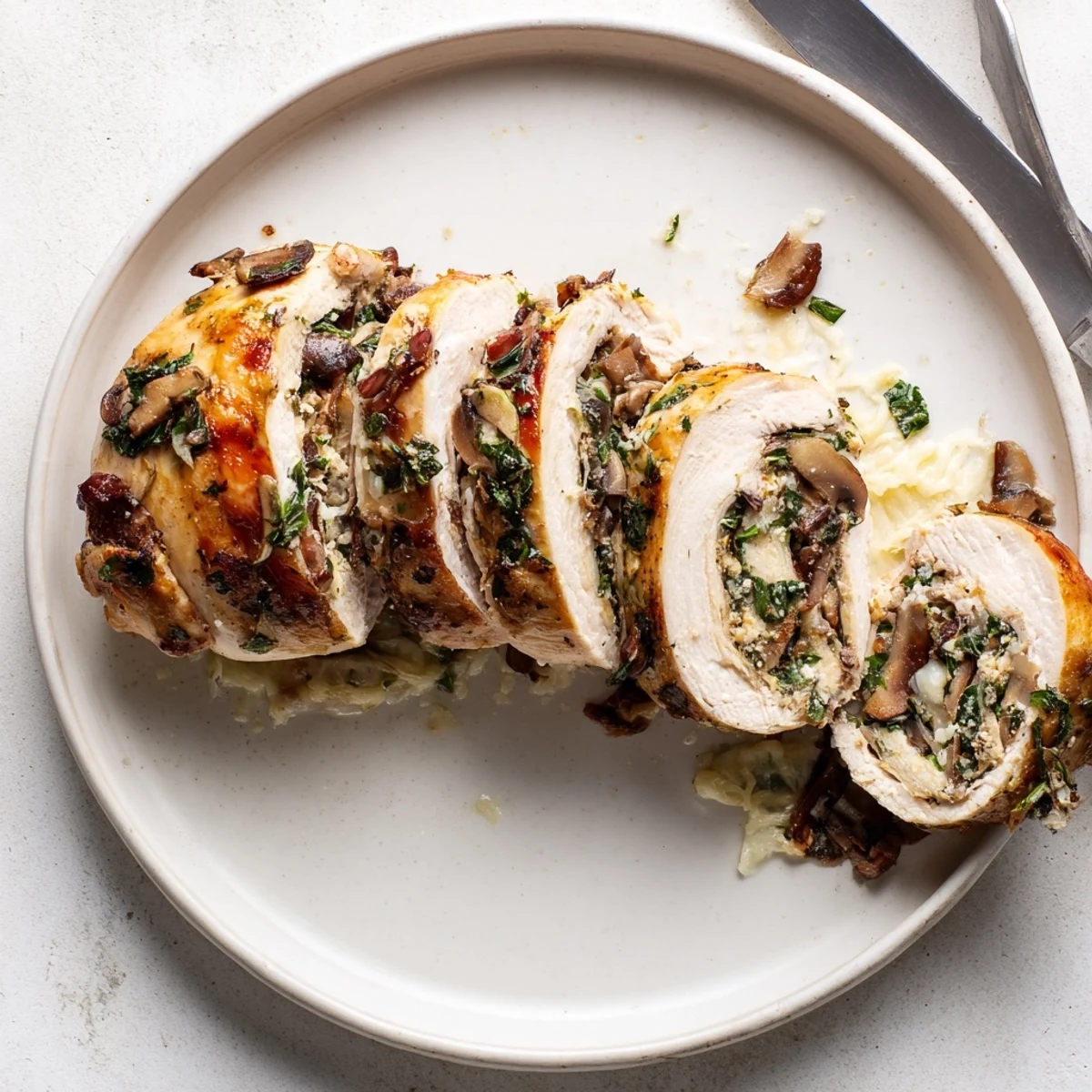 Golden brown mushroom stuffed chicken breast sliced open revealing savory herb and cheese filling