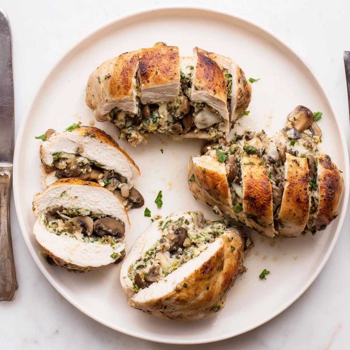 Juicy baked chicken breasts filled with sautéed mushrooms and melted Parmesan on white plate