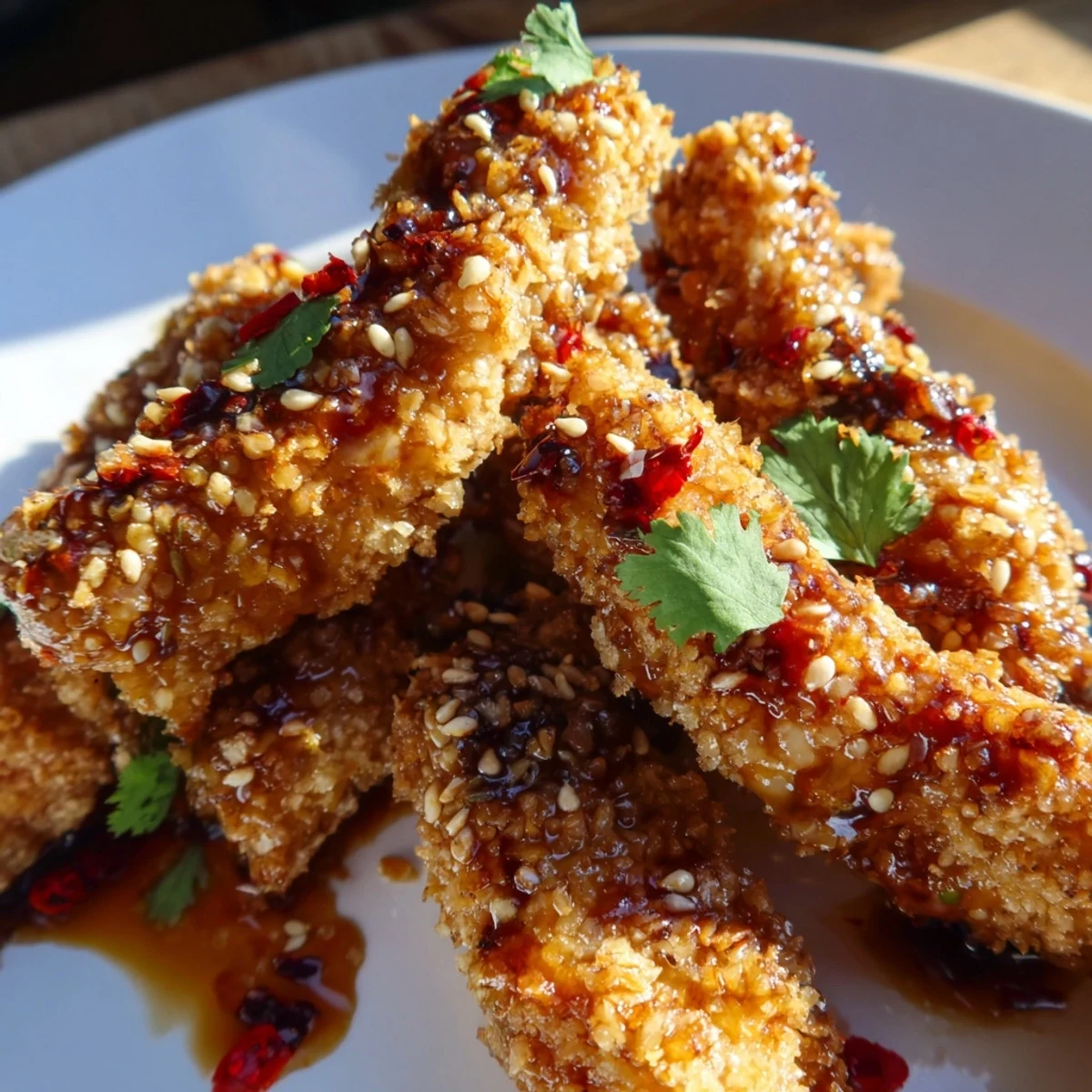 Baked chicken tenders coated in panko and coconut tossed with tangy Thai chili glaze