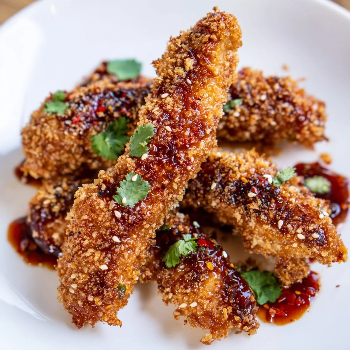 Golden crispy Thai sticky chicken fingers glazed in sweet spicy sauce with fresh cilantro garnish