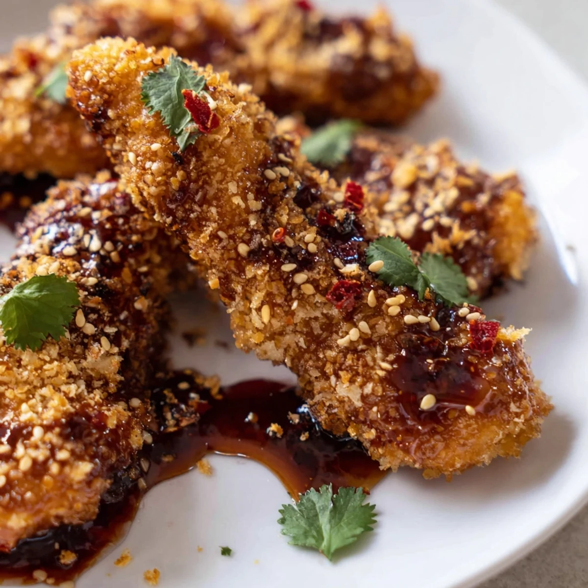 Plate of Thai sticky chicken fingers sprinkled with sesame seeds and served with lime wedges