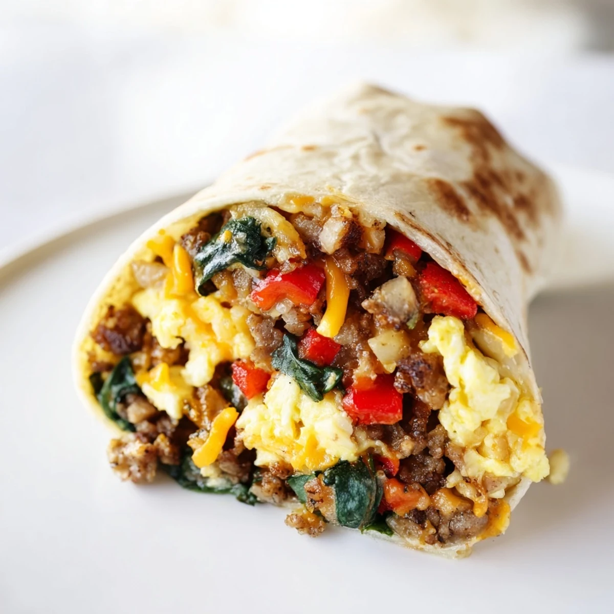 Golden make-ahead breakfast burritos wrapped in foil with fluffy eggs, melted cheddar cheese, and crumbled sausage