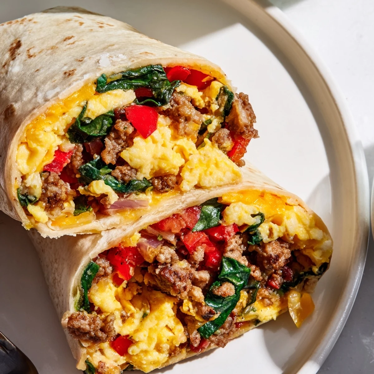 Warm flour tortillas folded around seasoned scrambled eggs, colorful bell peppers, spinach, and savory sausage for make-ahead breakfast burritos