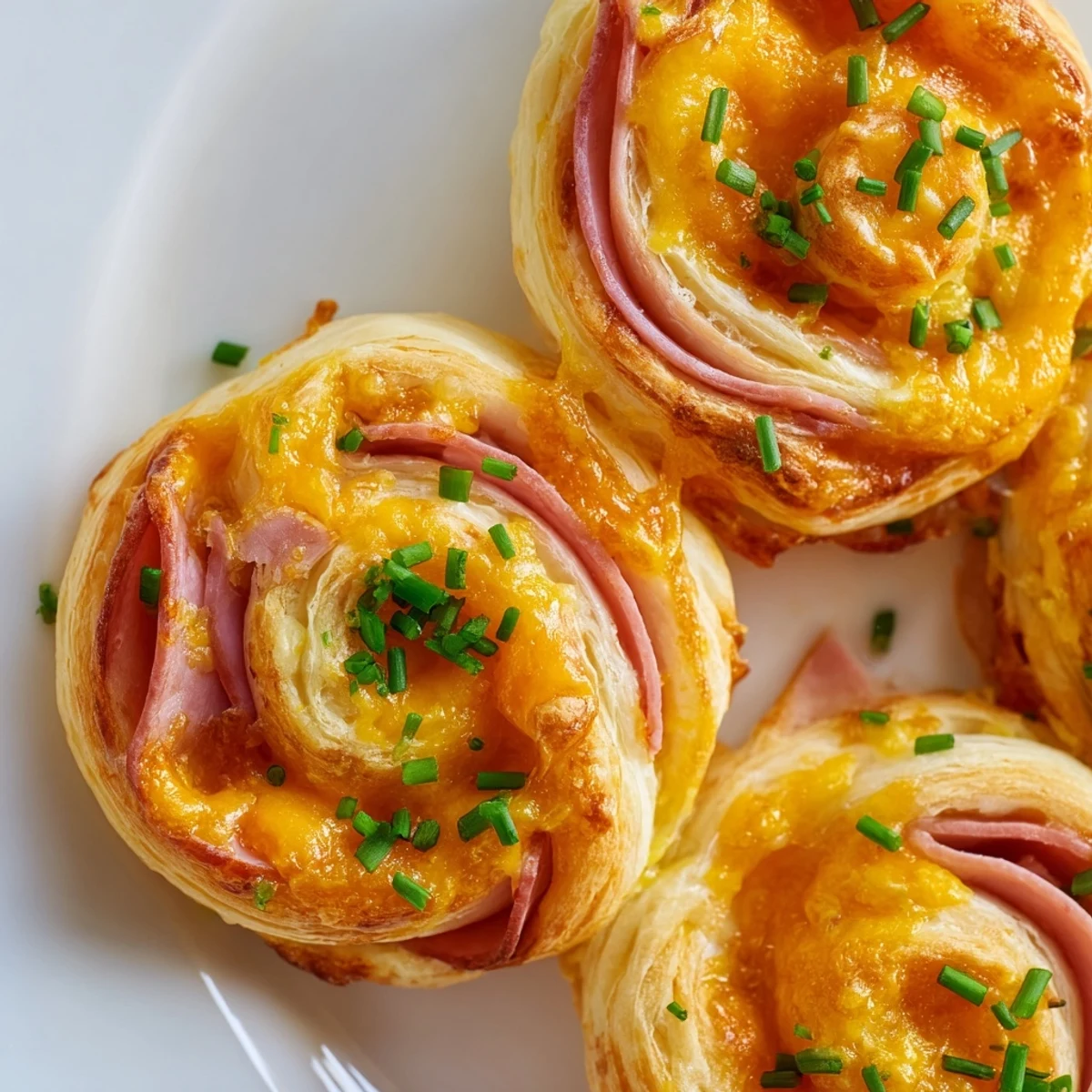 Golden brown Easter Ham Cheddar Pinwheels arranged on a serving platter with fresh herbs