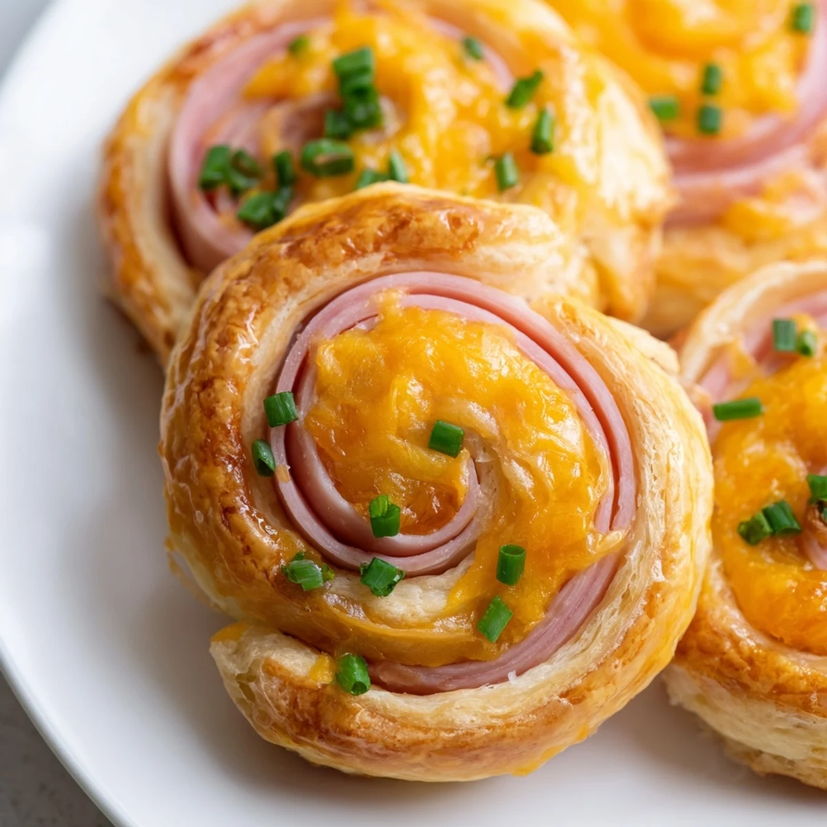 Flaky pastry spirals stuffed with smoky ham and melted sharp cheddar cheese, baked until golden