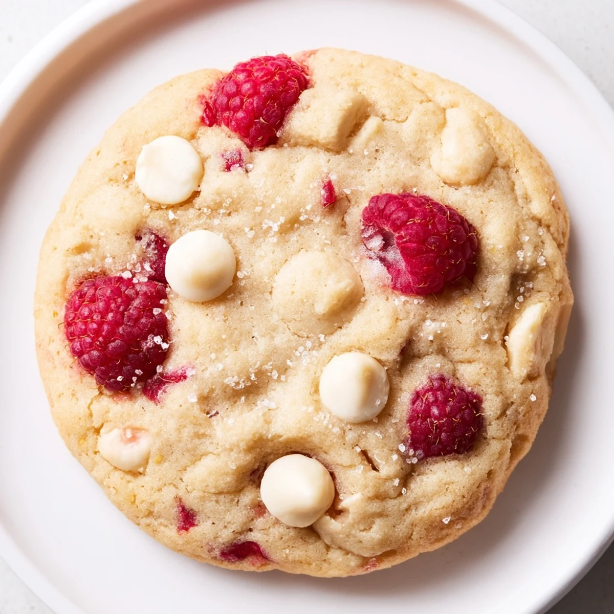 Soft lemon raspberry cookies topped with coarse sugar on a white baking sheet