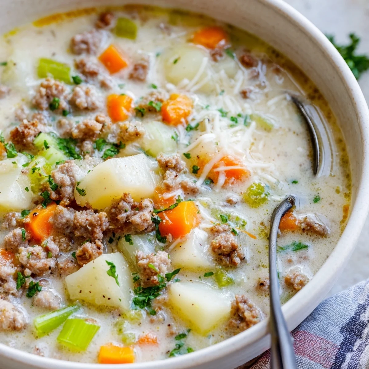 Creamy pork sausage potato soup topped with fresh parsley and grated cheddar cheese in a white bowl