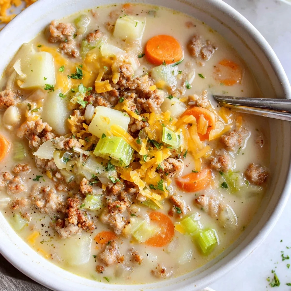 Hearty simple pork sausage potato soup with tender vegetables and savory broth, garnished with green parsley