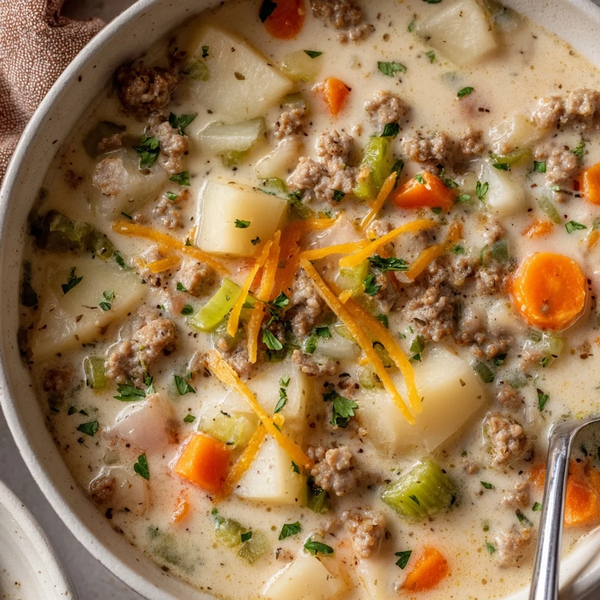 Steaming bowl of simple pork sausage potato soup featuring chunks of potato and browned sausage meat