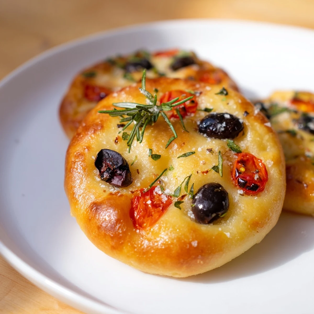 Golden crispy mini focaccia topped with fresh rosemary and flaky sea salt on a wooden board