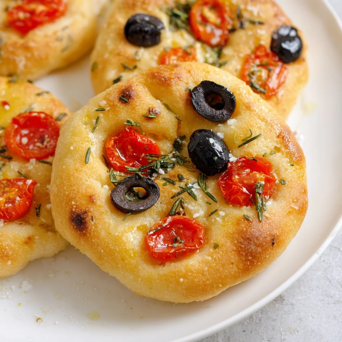 Eight individual Italian breads with cherry tomatoes and olives, golden brown and ready for serving
