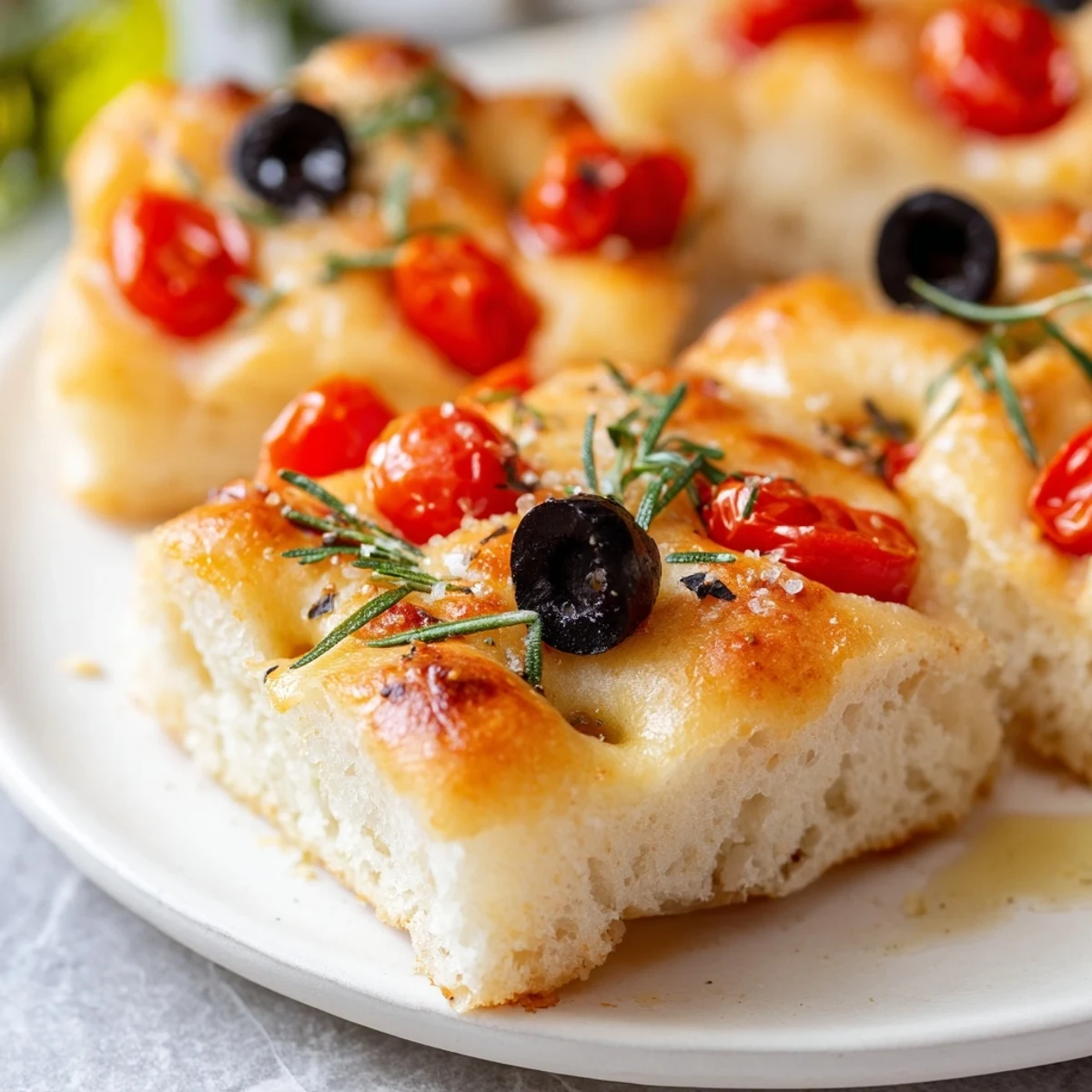 Crispy mini focaccia squares with aromatic herbs, displaying fluffy interior beneath the caramelized crust