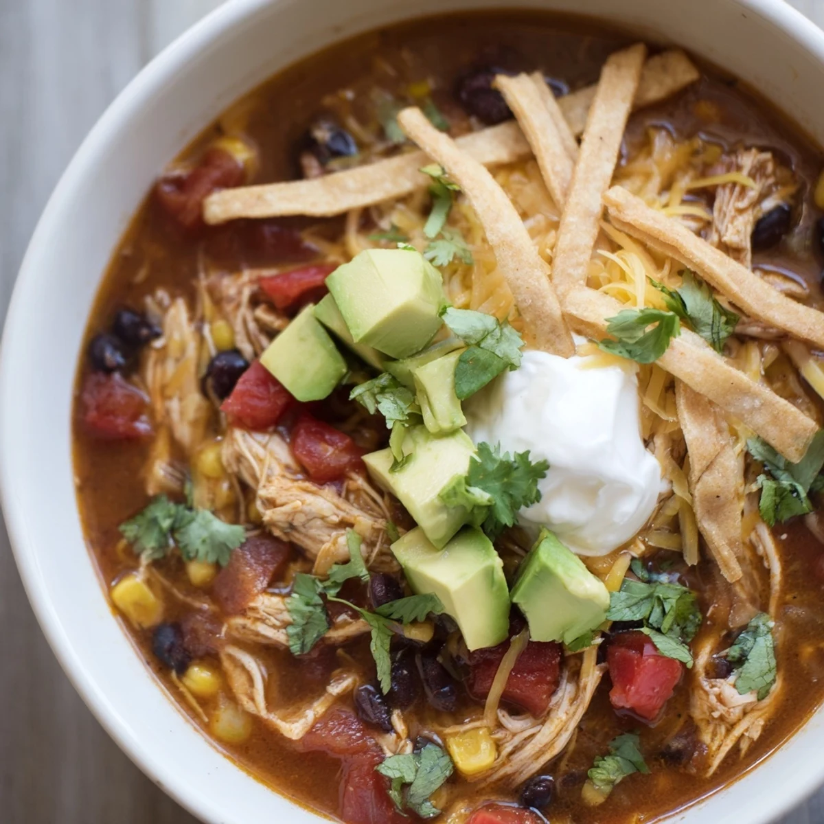 Golden bowl of classic chicken tortilla soup topped with crispy tortilla strips and fresh cilantro