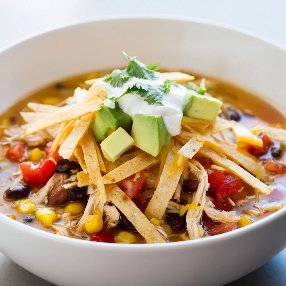 Hearty classic chicken tortilla soup with tender chicken, black beans, and melted cheddar cheese garnish