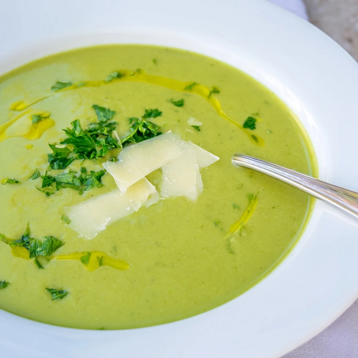 Creamy homemade Italian broccoli soup garnished with grated Parmesan and fresh herbs in a white bowl