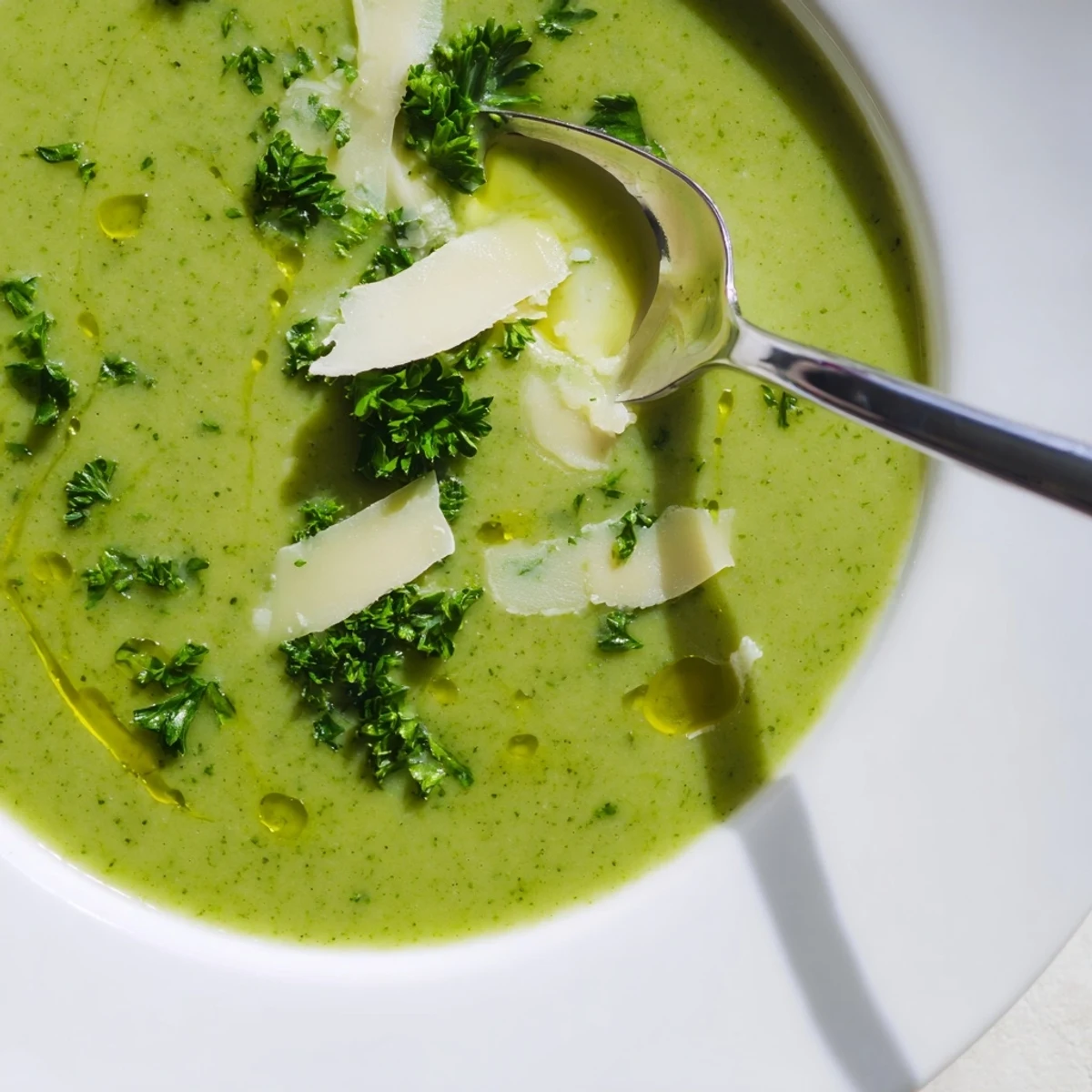 Velvety green homemade Italian broccoli soup featuring fresh broccoli florets and a sprinkling of Parmesan cheese