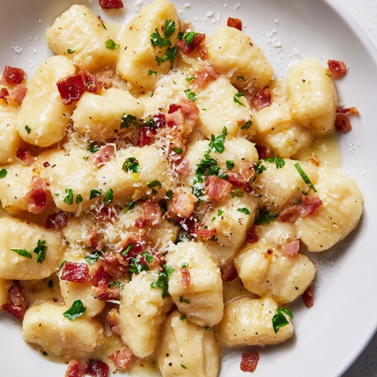 Plate of gnocchi carbonara with crispy bacon pieces and parmesan cheese shavings