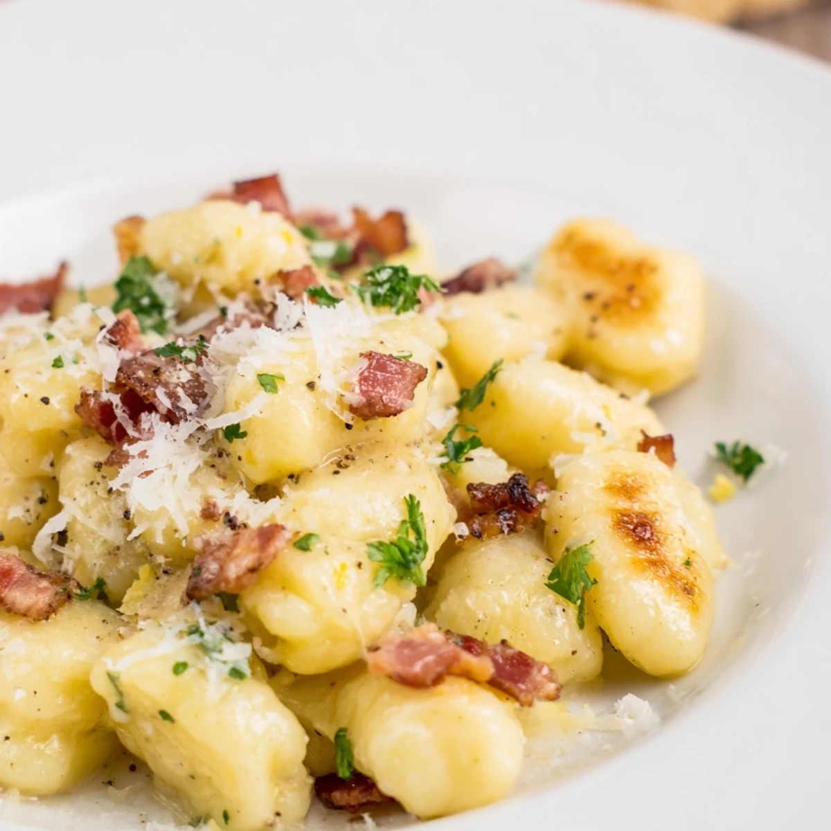 Creamy carbonara sauce coating potato gnocchi topped with diced bacon and grated parmesan