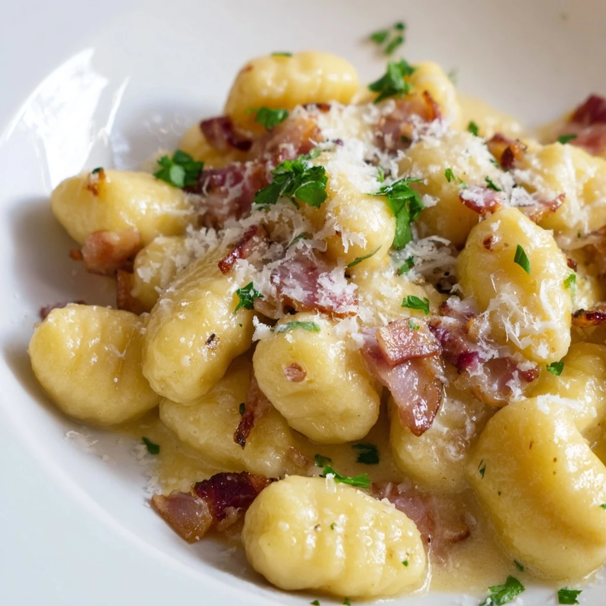 Close up of gnocchi carbonara with bacon and parmesan garnish on white plate