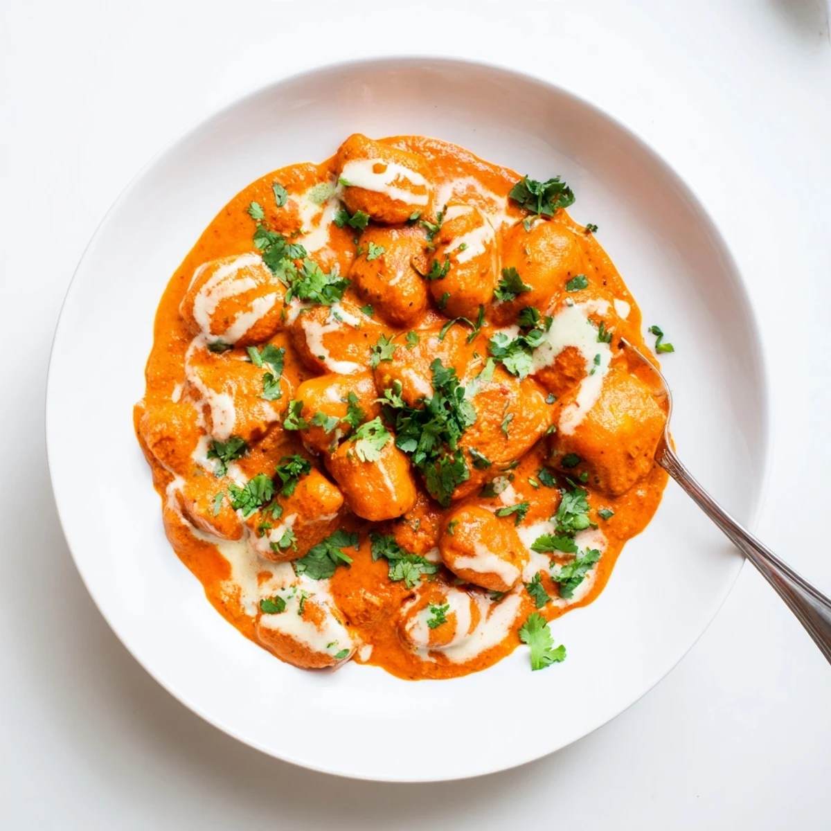 Creamy Tikka Masala Gnocchi tossed in rich spiced tomato sauce with fresh cilantro garnish