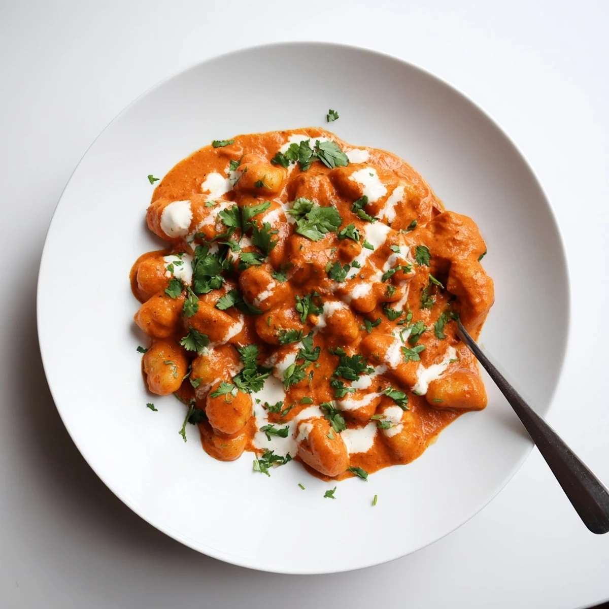 Golden potato gnocchi swimming in aromatic Indian-inspired curry sauce with cream and yogurt