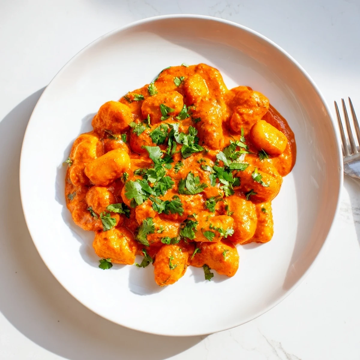 Comforting fusion bowl of soft gnocchi coated in velvety tikka masala with vibrant green cilantro