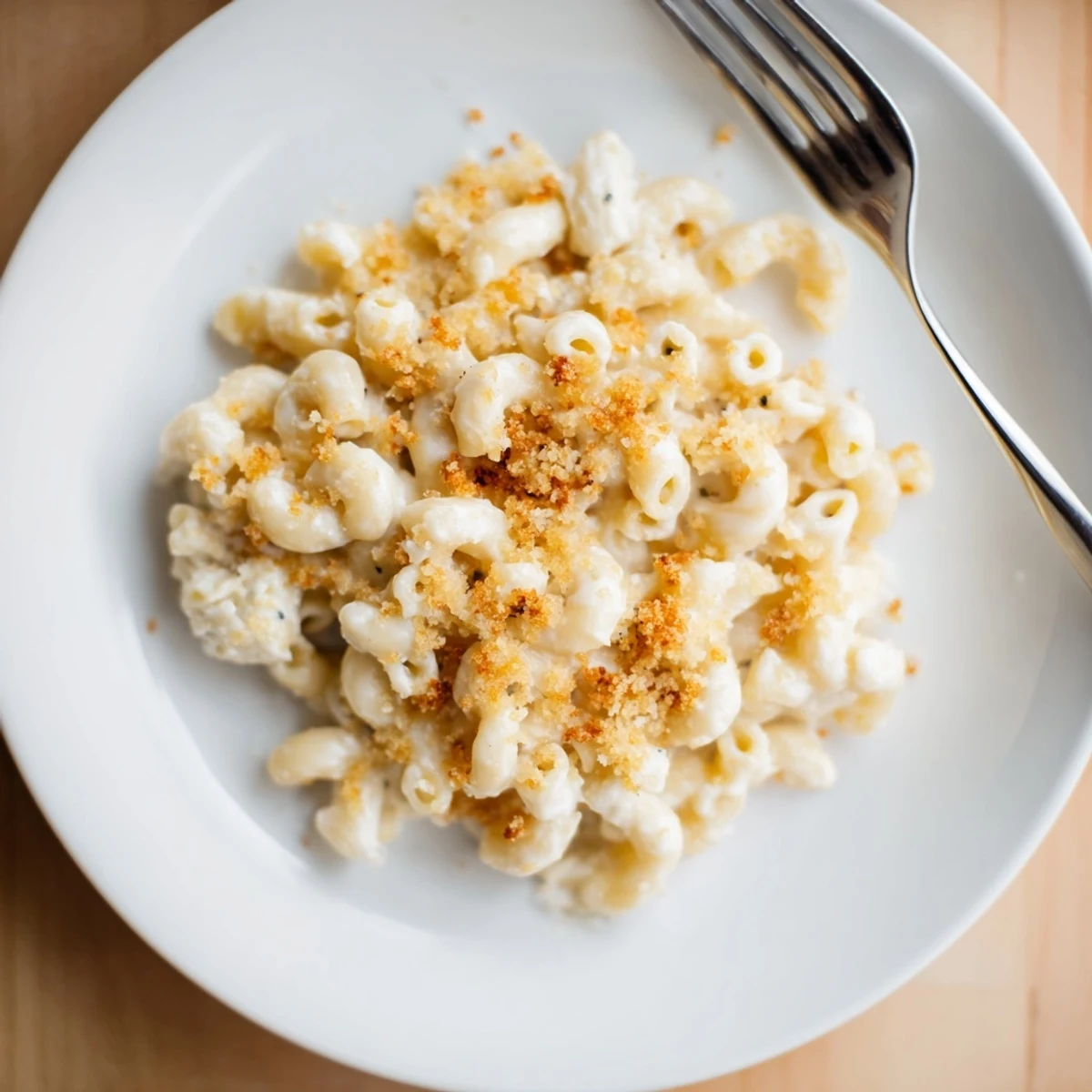 Creamy Boursin mac and cheese with golden breadcrumb topping on a white plate