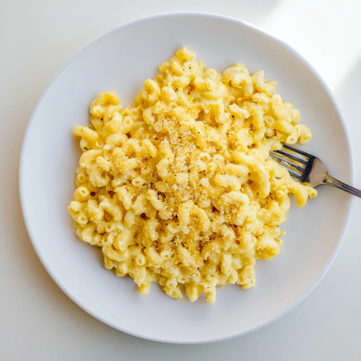Baked Boursin mac and cheese casserole with crispy Parmesan panko crust bubbling hot