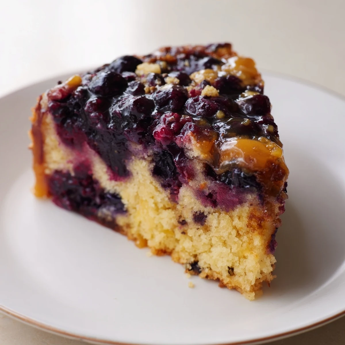 Golden blueberry upside down cake with caramelized fruit topping on a white serving plate