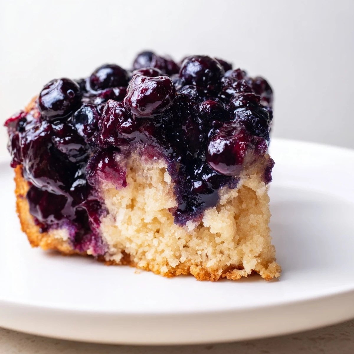 Inverted blueberry upside down cake displaying glistening caramelized blueberries atop fluffy golden cake