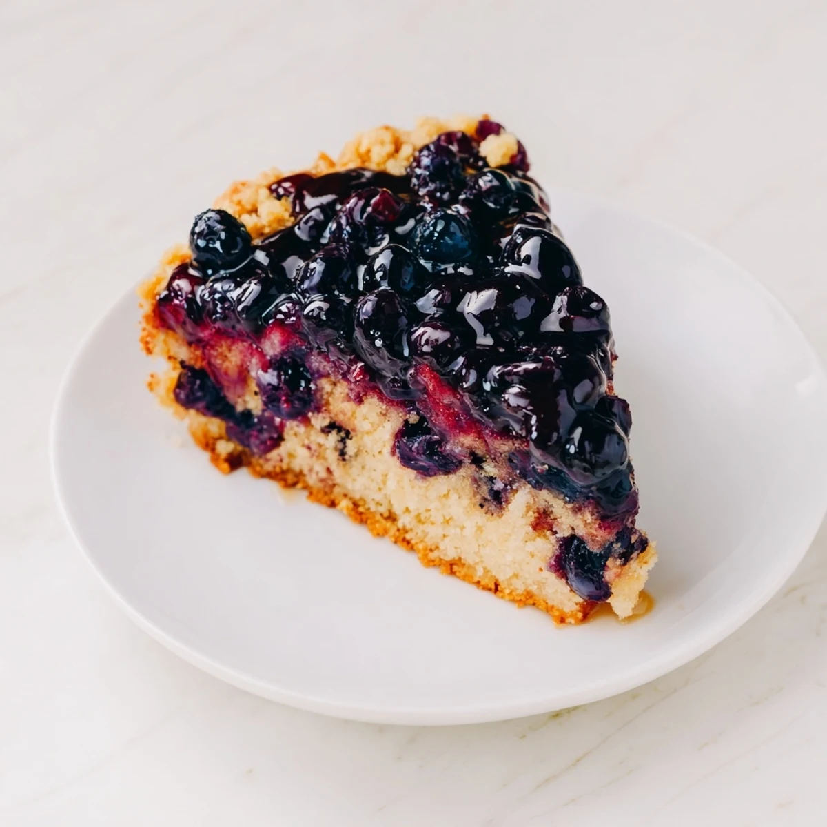 Moist blueberry upside down cake slice showing juicy berry layer and tender vanilla crumb