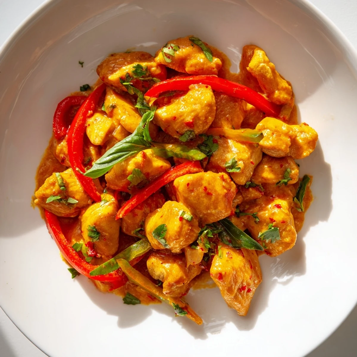 Creamy basil chicken in coconut curry sauce served over steamed white jasmine rice