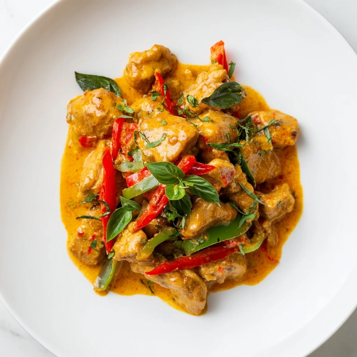 Golden chicken thigh pieces simmered in rich red coconut curry with fresh green basil