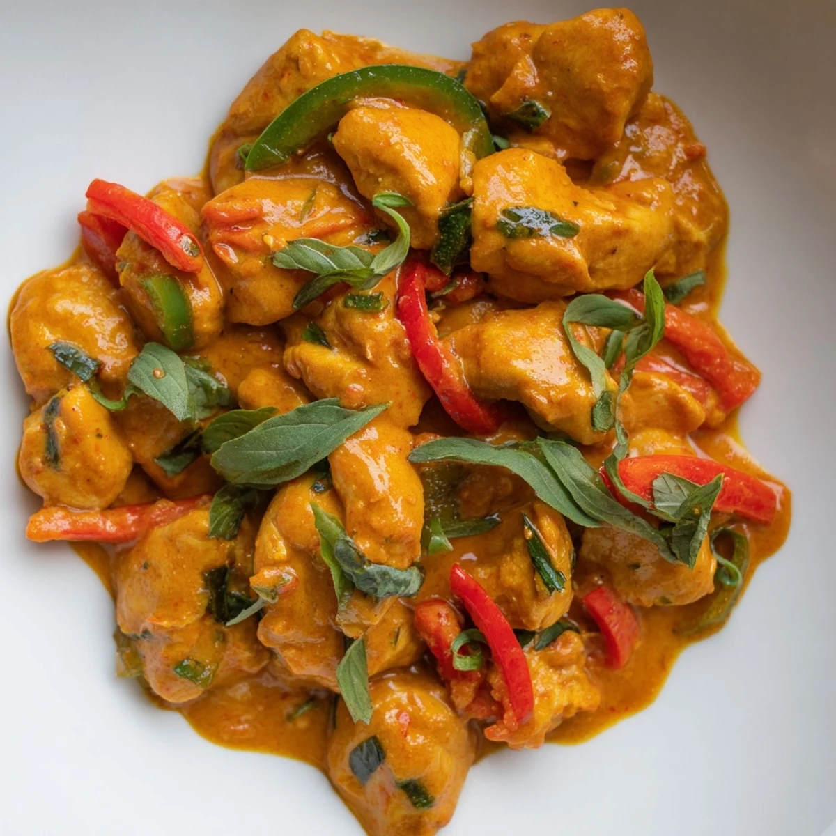 Savory Thai-style basil chicken curry in luscious coconut sauce with colorful bell pepper slices