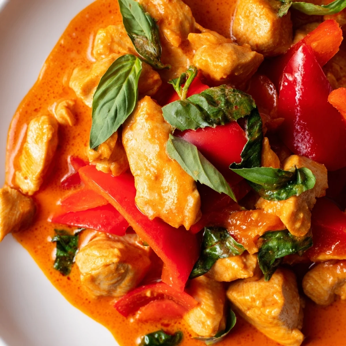 Savory Thai-style basil chicken with coconut curry sauce served over white rice in a bowl