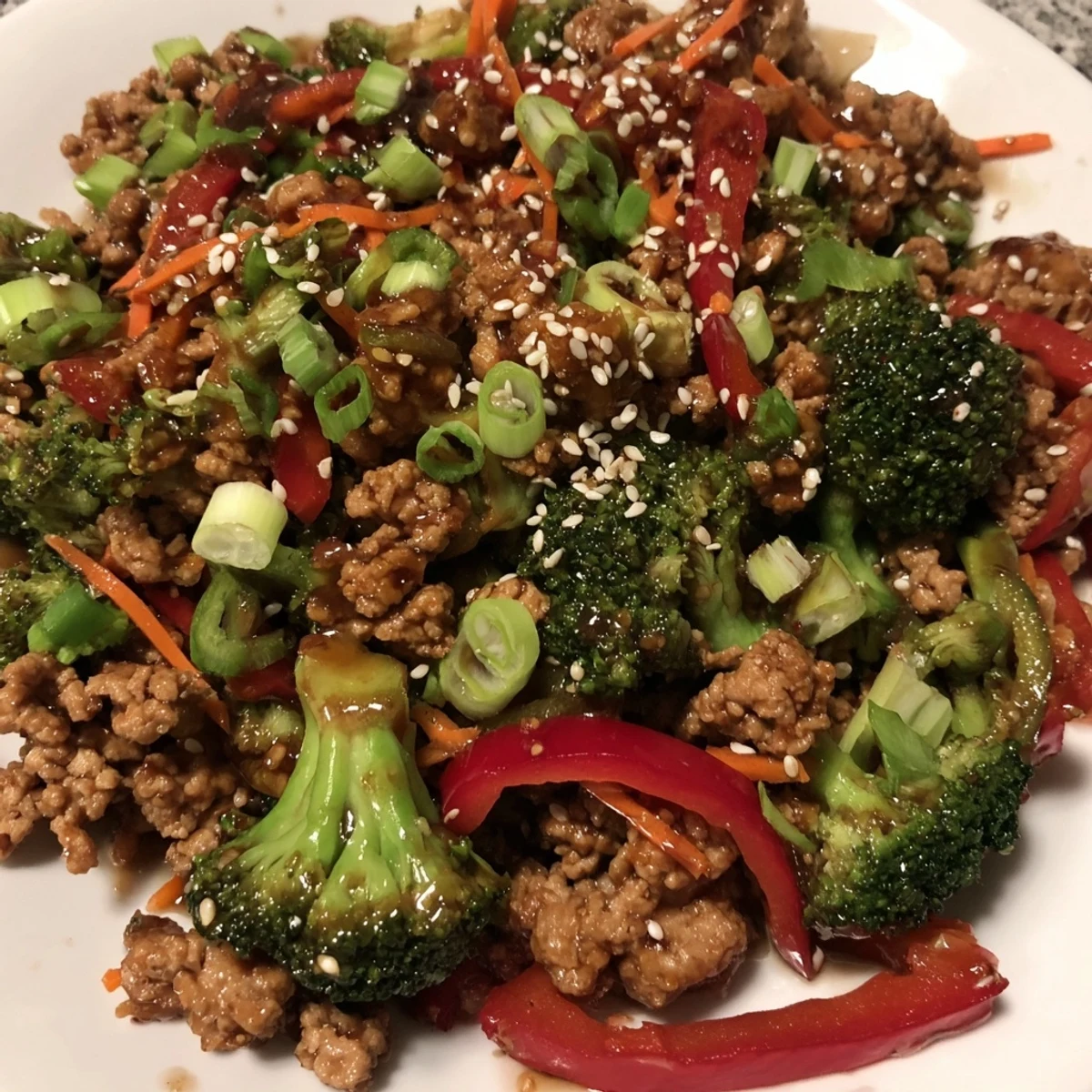 Colorful ground turkey stir fry with broccoli and red bell peppers in a savory sauce