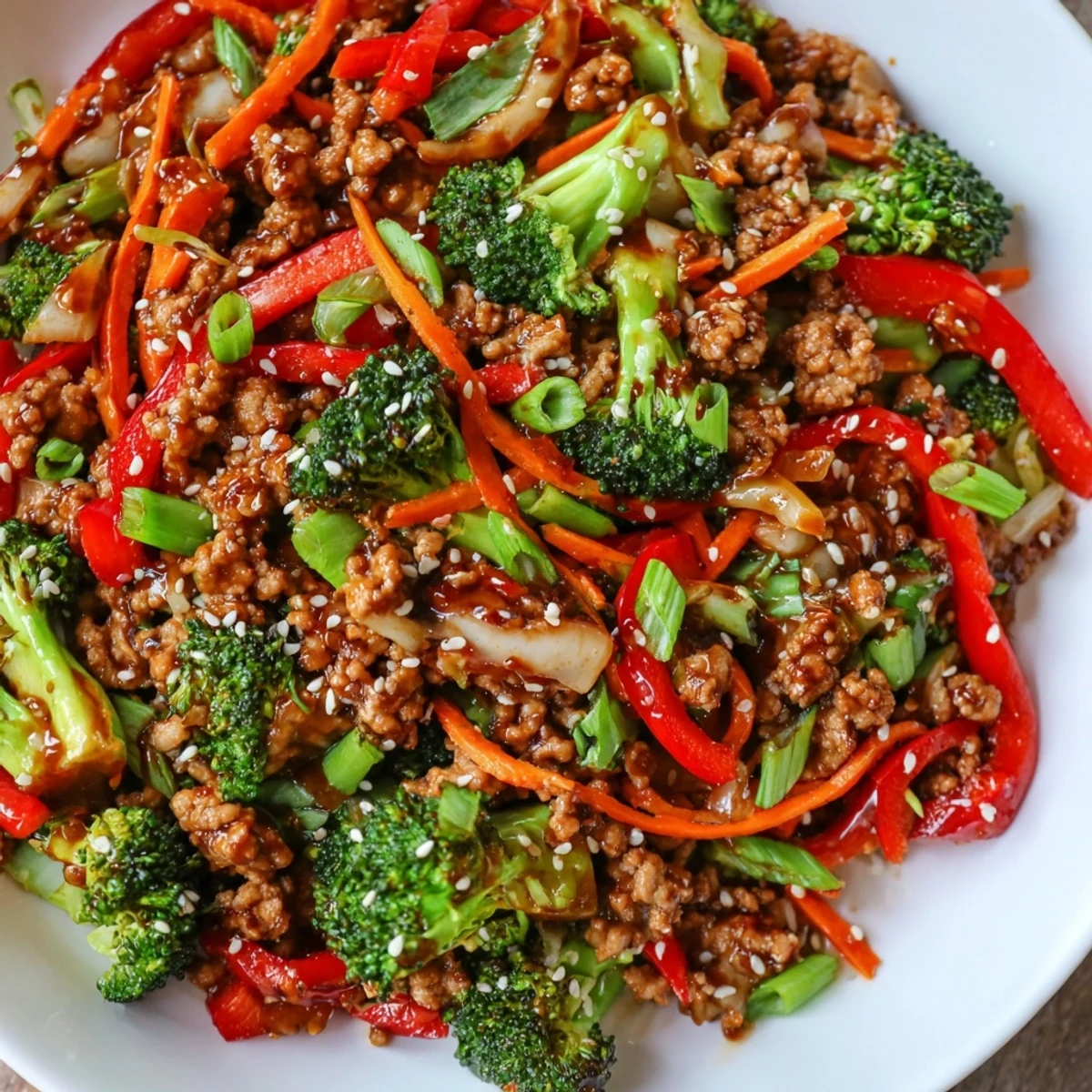 Weeknight dinner bowl featuring ground turkey stir fry with crisp broccoli and fluffy white rice