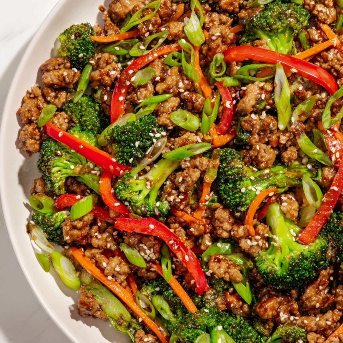 Savory ground turkey stir fry with fresh broccoli florets and vegetables in a glossy glaze