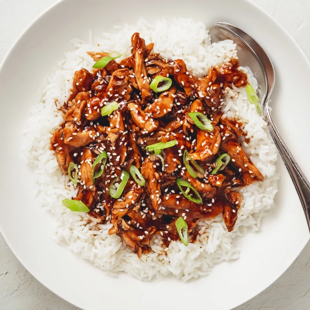 Slow cooker Mongolian chicken featuring shredded tender pieces coated in a glossy, savory-sweet sauce.