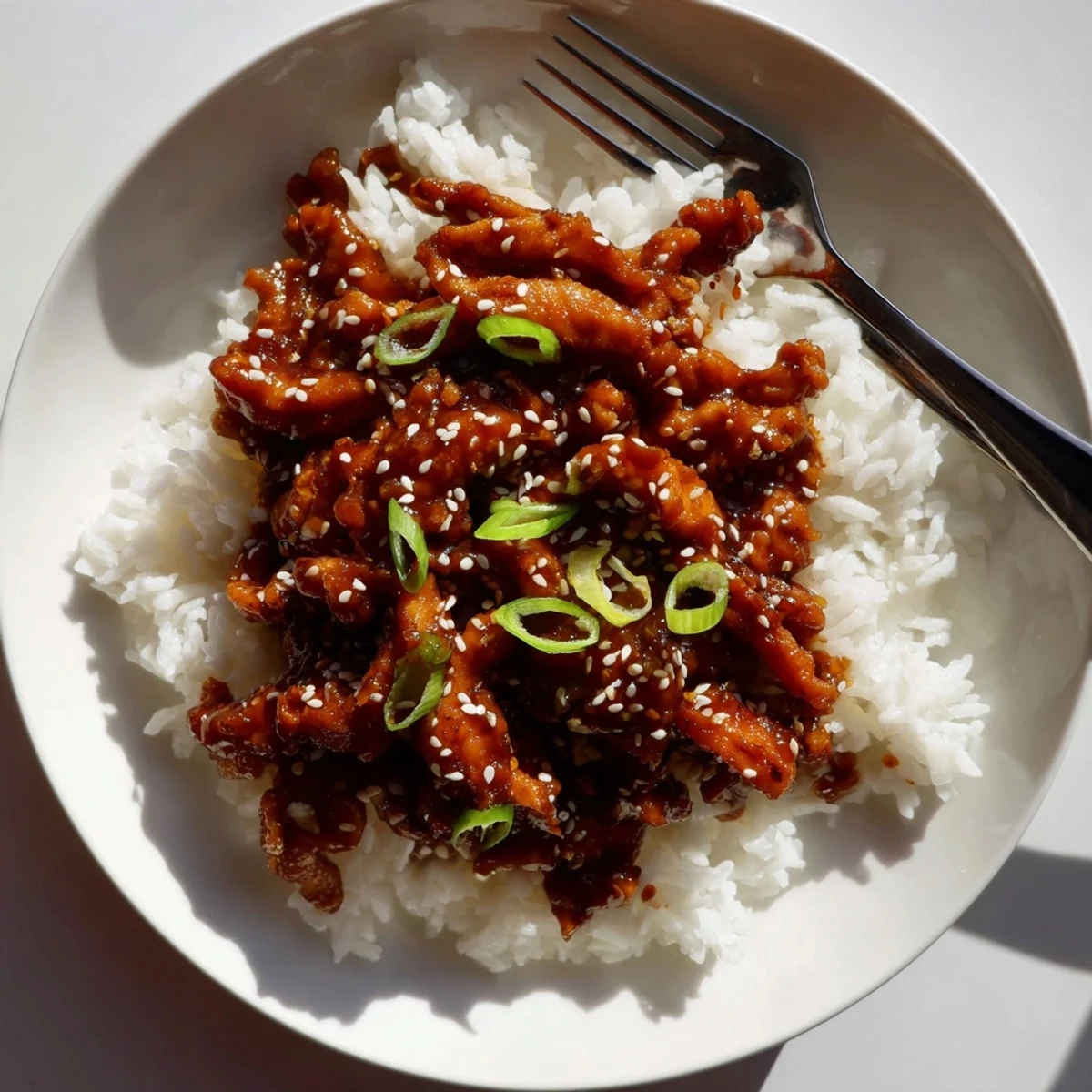 Plate of slow cooker Mongolian chicken served over steamed jasmine rice with rich glaze.
