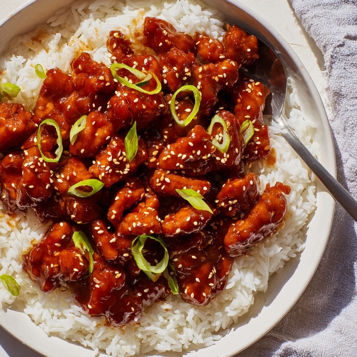 Golden slow cooker Mongolian chicken garnished with fresh green onions and toasted sesame seeds.